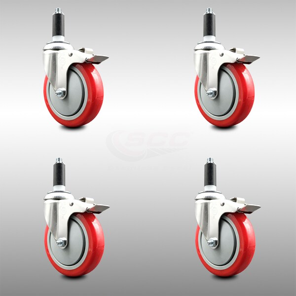 Service Caster 5 Inch 316SS Red Poly Swivel 1 Inch Expanding Stem Caster Set Lock Brake SCC-SS316TTLEX20S514-PPUB-RED-1-4 - main